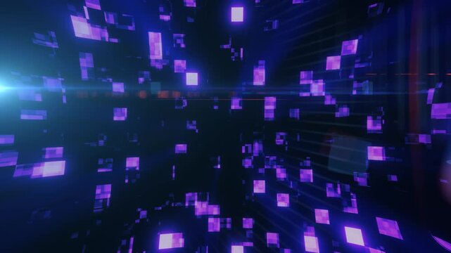 Futuristic purple neon pixel tunnel with glowing digital blocks, motion blur, and abstract cyber data flow.