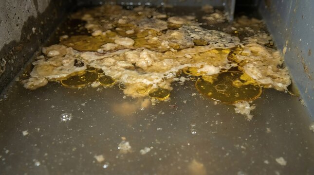 Close-up of congealed fat, oil, and grease floating in dirty water within a clogged commercial or industrial drain, highlighting waste accumulation.