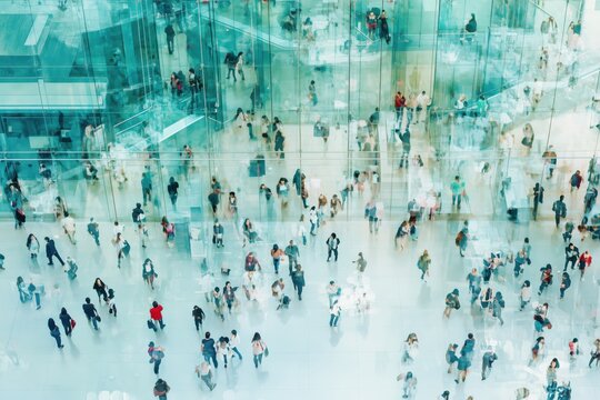 Crowd of people walking through a bright modern glass atrium from above, showing busy movement, reflections and a spacious indoor public space.