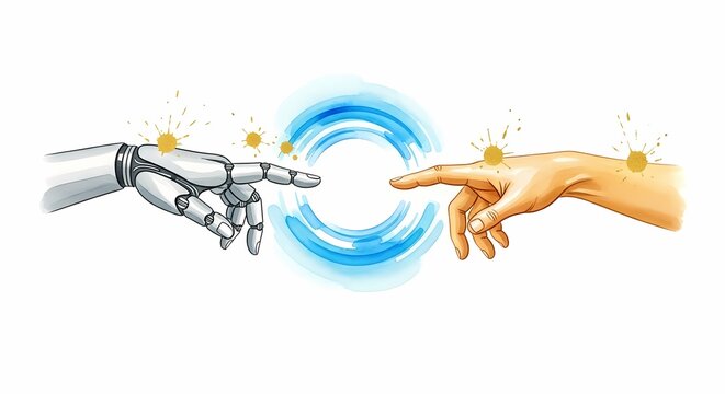 Robot and Human Hand Touching, AI Technology Connection, Futuristic Digital Collaboration