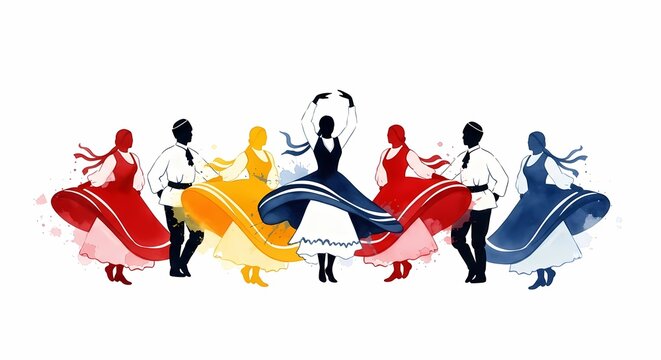 Colorful Folk Dancers Silhouette Group Traditional Dance Performance Vector Illustration