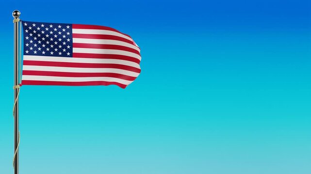 The United States national flag waves smoothly on the flagpole in 4K looping 3D animation, set against a vibrant blue sky gradient background, patriotic theme, sport and international event.
