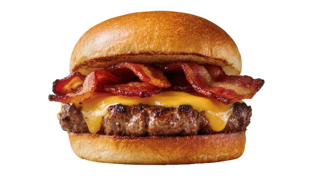 Juicy bacon cheeseburger with melted cheddar cheese, isolated on transparent background