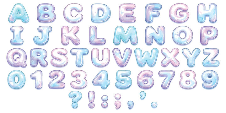 Full alphabet and numbers set with cute bubbly blue and purple gradient balloon style letters