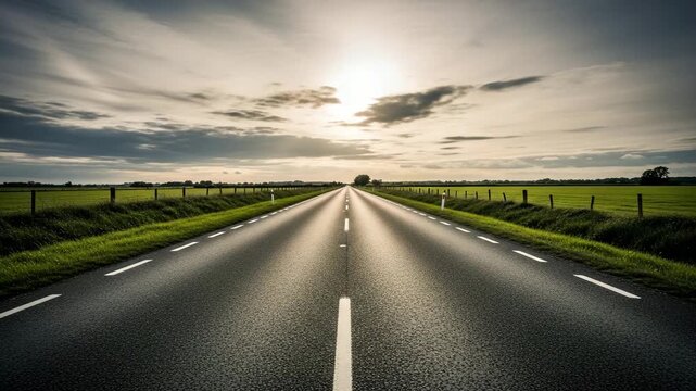 A long straight road stretches through a green landscape under a cloudy sky at sunset or sunrise a bright sun shining through the clouds