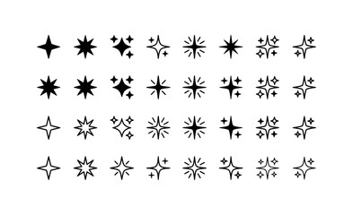 Obraz premium Set of black hand-drawn doodle stars, sparkle, and glitter with various shapes for decoration and design.