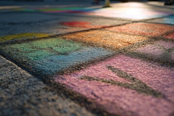 Obraz premium Hopscotch game drawn with colorful chalk on asphalt pavement. Child activity and outdoor street game. Summer recreation concept for kids playing on sidewalk in park or playground.