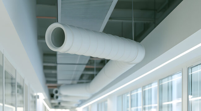 White industrial ventilation ducting strung from the modern hospital ceiling. For maintaining a comfortable environment and efficient airflow, the air conditioning system in the healthcare facility op