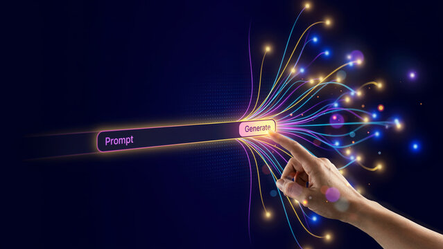 Hand interacting with digital prompt and generate button on futuristic interface