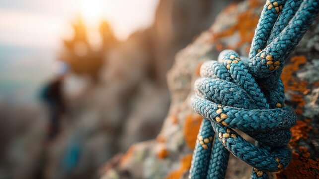 Climber rope knotted on rough rock mountain wall. Close up view of blue climbing cord for mountaineering safety. Extreme sport adventure, challenge, success and endurance concept.