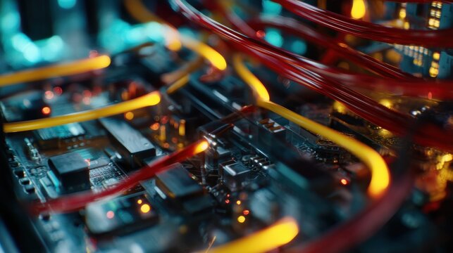 Server circuit board with glowing fiber optic cables. Data transmission and networking hardware. High speed internet connection and cloud computing tech infrastructure concept.