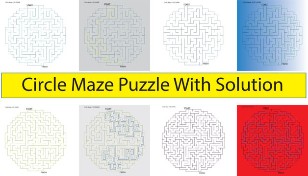 Circle maze puzzle with solution in multiple colors on white background