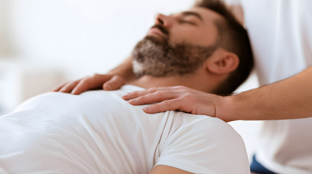 The physiotherapist administered manual chest therapy to an anonymous patient in the rehabilitation clinic, focusing on respiratory physiotherapy and injury recovery. The scene is presented with a fac