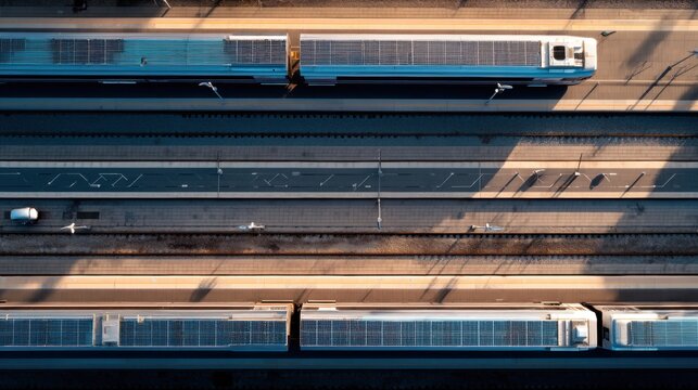 Aerial view of twin passenger trains at a railway station platform. Modern transportation and commuter infrastructure. Urban travel system logistics and public transit network concept.