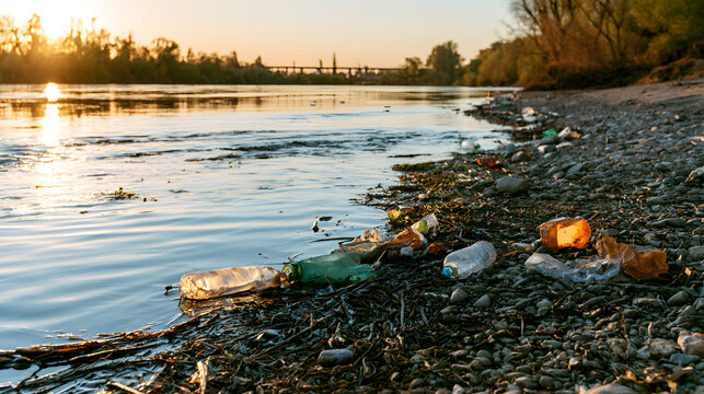 Golden hour pollution is caused by single-use plastic waste and litter in an American river