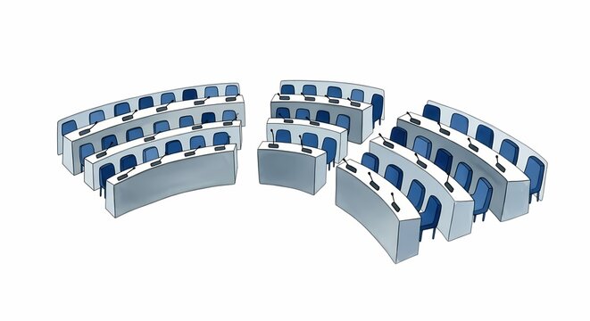 Rows of blue chairs with desks arranged for a formal meeting in a spacious conference chamber designed for professional discussions debates and parliamentary sessions where multiple speakers can