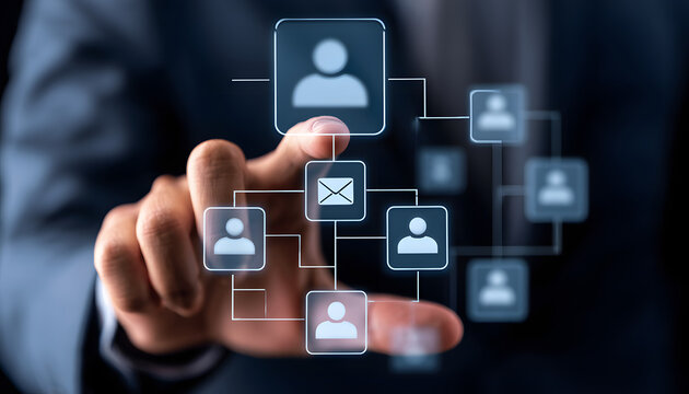 Someone touches the digital interface to display the organizational chart. Icons represent individuals, emails, and connections. The on-screen display shows data management or team structure.