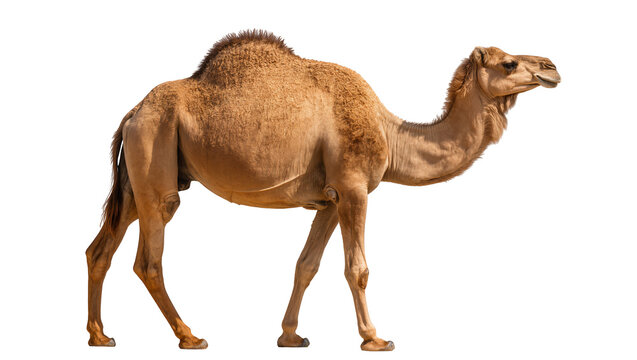 Dromedary camel with one hump standing, isolated on transparent background