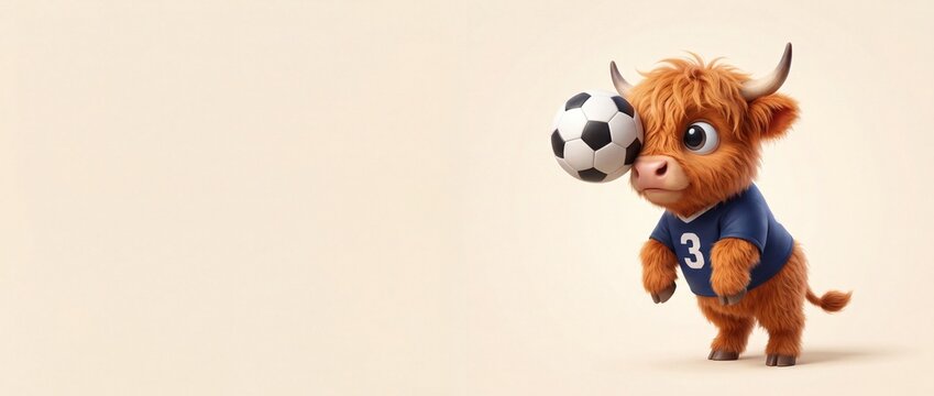Cute highland cow soccer ball player wearing blue jersey number three heading football on beige background. Cartoon calf character sport mascot concept with copy space for banner design templates art.