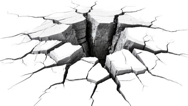 Jagged concrete ground with deep fissures, isolated on transparent background