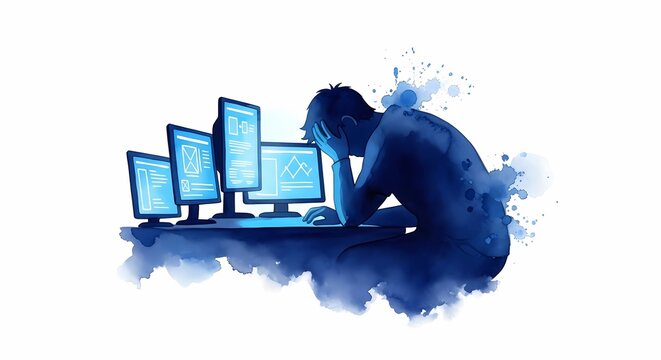 Stressed software developer sitting at desk with multiple glowing monitors feeling extreme pressure and exhaustion while working late hours on complex technical projects during a dark busy