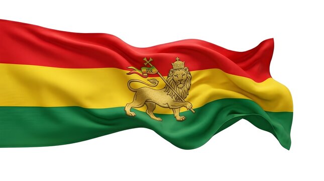 Waving imperial Ethiopian flag with Lion of Judah symbol isolated on white background
