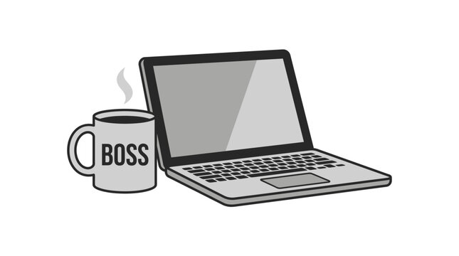 A grayscale illustration featuring a laptop computer and a coffee mug labeled boss.