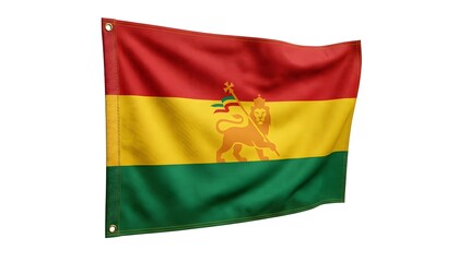 Obraz premium Waving Flag Featuring a Majestic Ethiopian Lion Symbol on a Vibrant Red Yellow and Green Horizontal Background