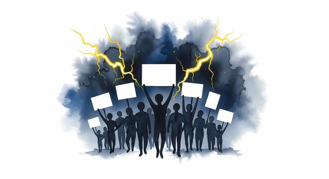 Group of silhouettes demonstrating with empty signs under powerful stormy dark clouds and yellow lightning bolts representing public social activism and collective movement for urgent change and
