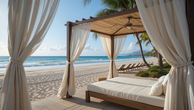 Serene beachfront cabana with luxury daybed and ocean view