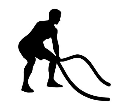 Athlete Performing Battle Rope Exercise Silhouette Isolated on White Background, Functional Fitness and Strength Training Vector