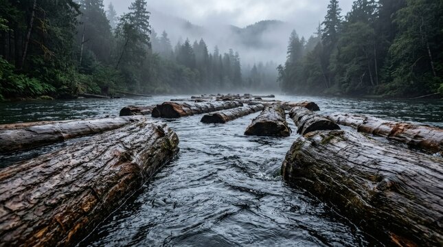 Misty river with many floating logs surrounded by a dense, foggy evergreen forest