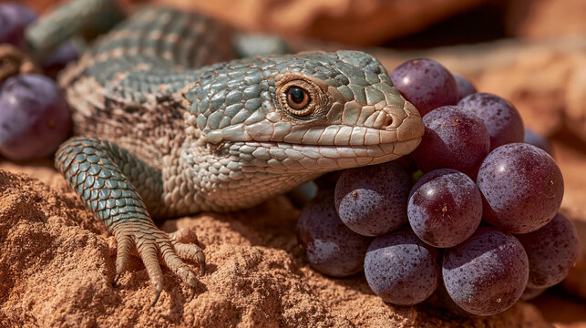 An Australian lizard with distinct scale textures rests on light-colored sand next to a freshly harvested wine grape