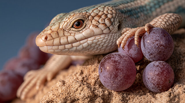 Detailed view of a native Australian skink lizard featuring intricate red and blue scale patterns near a single wine grape