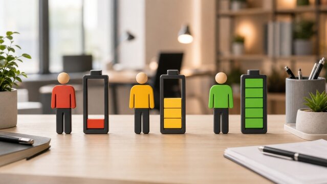 Stylized office workers standing by battery charging icons illustrate personal energy levels and importance of mental health wellness at work