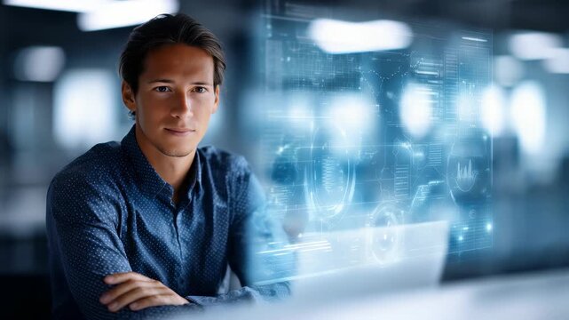 Professional male employee interacts with transparent digital screen displaying data, analytics in contemporary workspace. Scene highlights innovation, technology, future oriented business solutions
