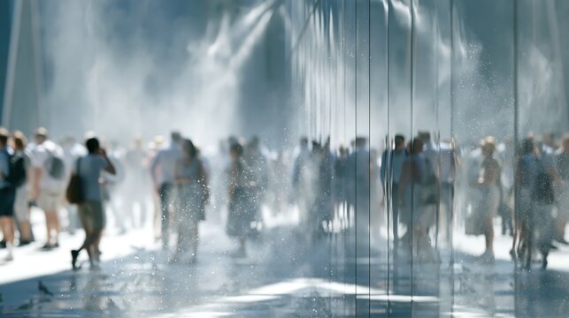Urban cooling mist drifting along a glass building facade during extreme summer heat, with pedestrians seeking relief from high temperatures, concept of climate adaptation and resilient cities