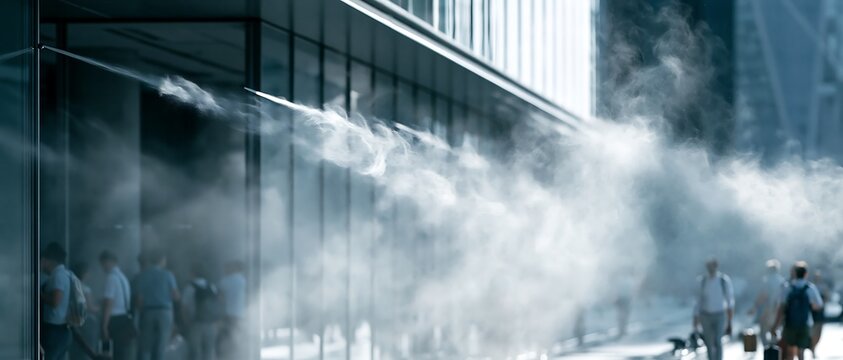 Cooling mist jets installed on a modern building exterior during a severe heatwave, demonstrating urban cooling technology, climate resilience measures and adaptation to extreme temperatures
