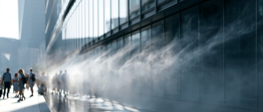 Cooling mist flowing along a modern urban walkway during an extreme heat event, highlighting city adaptation measures, thermal comfort solutions and climate resilience in public spaces