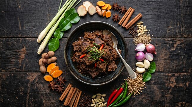 Traditional Indonesian rendang showcased with authentic spices in a premium culinary composition. Ideal for restaurant branding, tourism, and food publications.