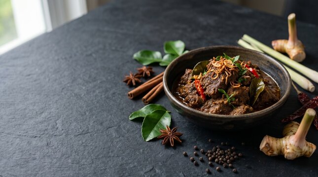 Premium rendang composition with extensive copy space for restaurant branding, packaging, culinary campaigns, and food marketing materials.