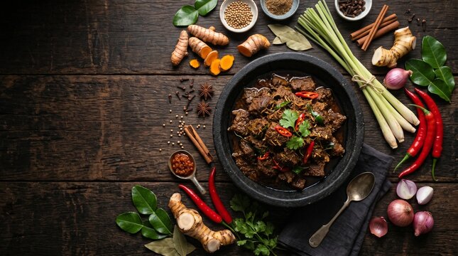 Authentic Indonesian rendang presented with traditional spices and rustic styling. Ideal for restaurant advertising, culinary tourism, and food branding campaigns.
