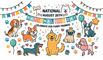 Fototapeta premium National Dog Day Celebration Background with Cute Cartoon Dogs and Holiday Elements Vector Illustration