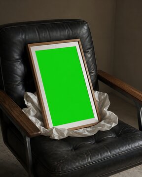 Elegant green screen poster frame mockup on black leather armchair