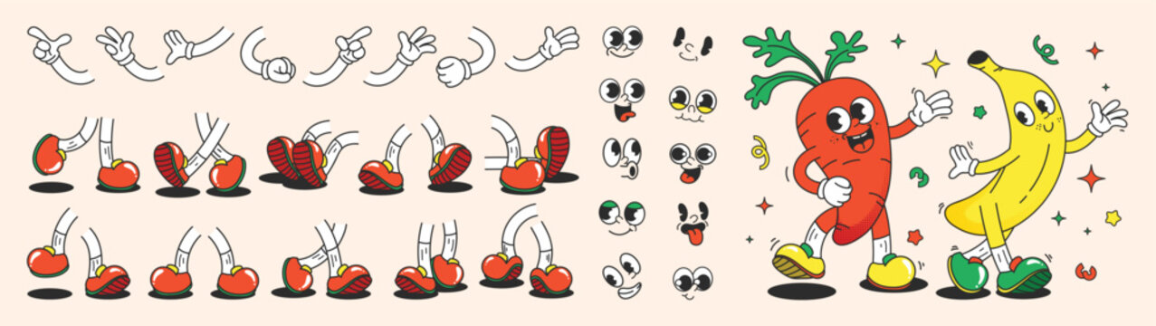 Retro mascot character creator vector set. Funny carrot and banana cartoon characters with separate hands, feet, eyes and animation parts.