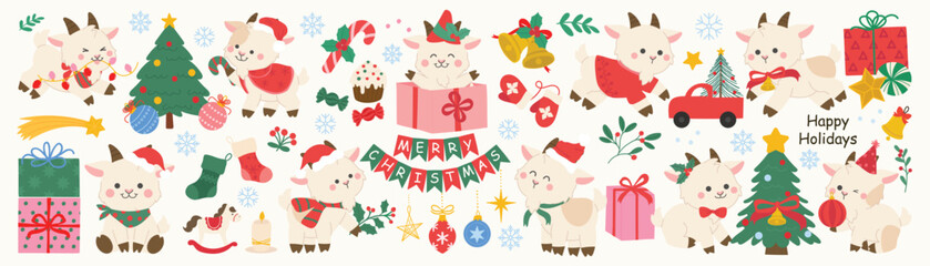 Fototapeta premium Cute goat Christmas and New Year vector set. Kawaii goat characters with festive holiday items, Christmas tree, decorative string lights, gifts, ornaments and happy celebration elements.