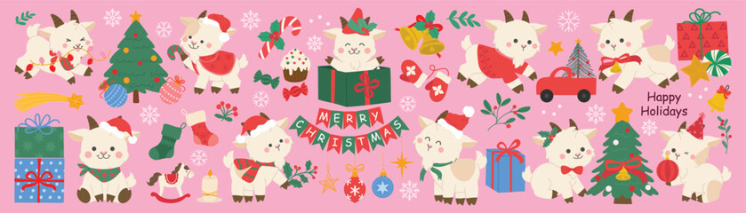 Fototapeta premium Cute goat Christmas and New Year vector set. Kawaii goat characters with festive holiday items, Christmas tree, decorative string lights, gifts, ornaments and happy celebration elements.