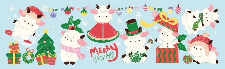 Fototapeta premium Cute goat Christmas and New Year vector set. Kawaii goat characters with festive holiday items, Christmas tree, decorative string lights, gifts, ornaments and happy celebration elements.