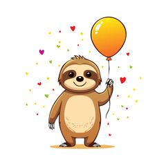 Obraz premium Cute cartoon sloth holding orange balloon with hearts