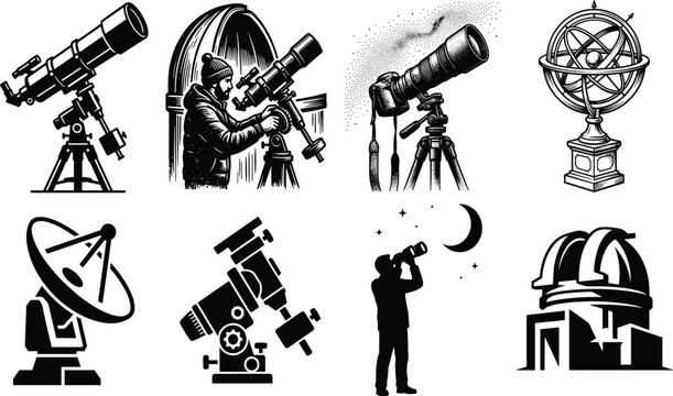 Astronomy and Stargazing Icon Set with Telescopes Observatory Dome and Satellite Dish Vectors